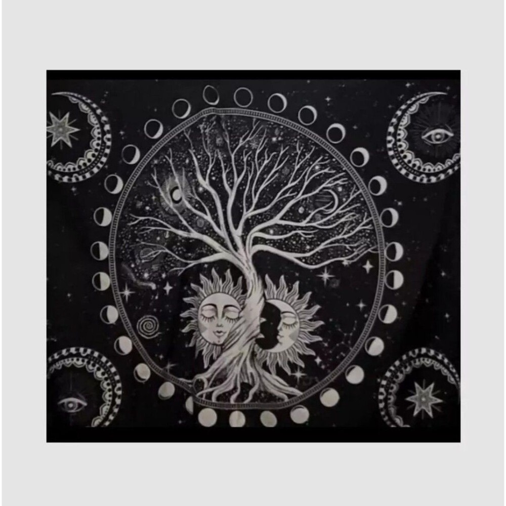 Tree Of Life Tapestry Black & White W/ Celestial Theme For Indoor/Outdoor Use